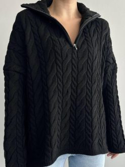 BLACK BRAIDED HALF ZIPPER SWEATER