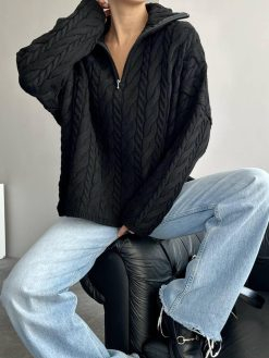 BLACK BRAIDED HALF ZIPPER SWEATER
