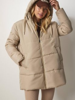 Beige Hooded Oversize Puffer Coat