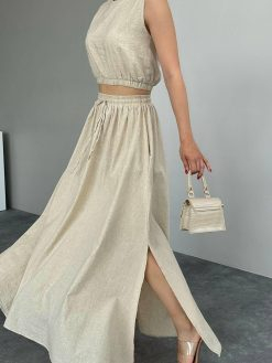 Beige Linen Slit Crop Skirt Suit