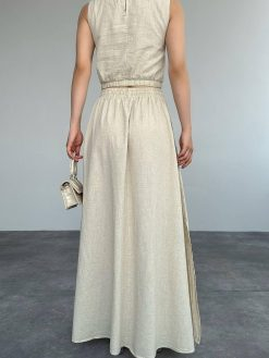 Beige Linen Slit Crop Skirt Suit