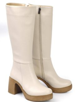 Beige Skin Round Toe Below Knee Boots