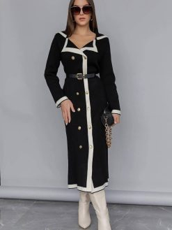 Black Knitted Buttons Ribbon Dress