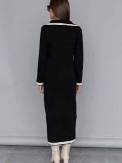 Black Knitted Buttons Ribbon Dress