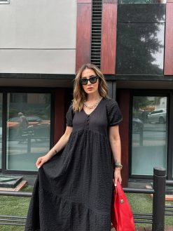 Black V Neck Button Dress