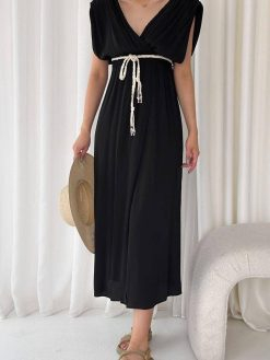 Black V Neck Long Belted Dress