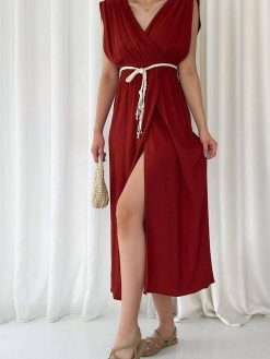 Dark Red V Neck Long Belted Dress