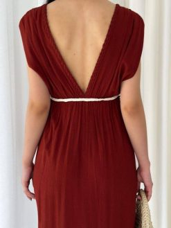 Dark Red V Neck Long Belted Dress