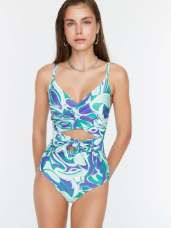 Blue Floral Double Breasted Tie Swimsuit