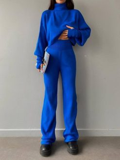 Blue Knitted Turtleneck High Waist Set