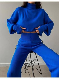 Blue Knitted Turtleneck High Waist Set
