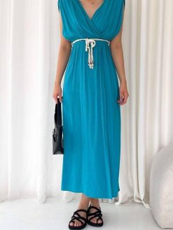 Blue V Neck Long Belted Dress