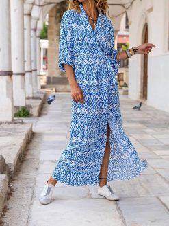 Blue White Tied Waist Summer Dress