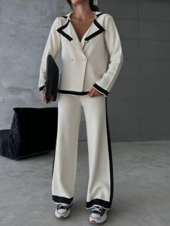 Cream Knitted 4 buttons Set