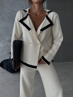 Cream Knitted 4 buttons Set