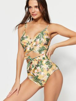 Yellow Floral Double Breasted Tie Swimsuit
