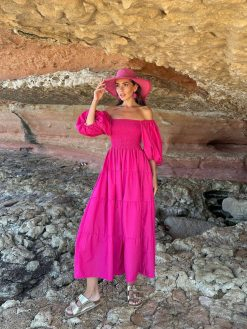 Fuchsia Balloon Sleeve Gipe Dress
