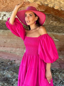 Fuchsia Balloon Sleeve Gipe Dress