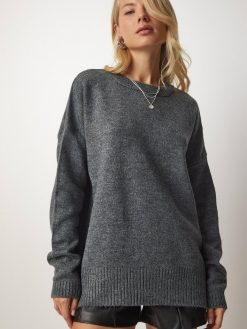 Gray Crew Neck Oversize Knitwear Sweater