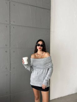 Gray Melange Shoulder Fold Sweater
