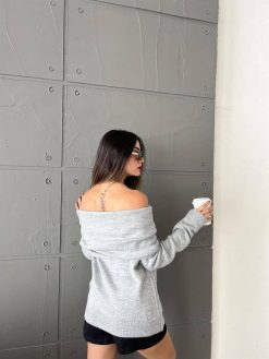 Gray Melange Shoulder Fold Sweater