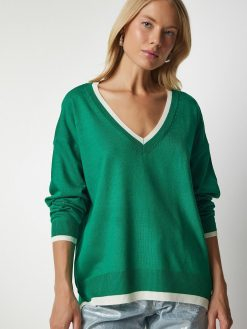 Green V-Neck Oversize Knitwear Sweater