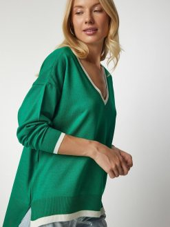 Green V-Neck Oversize Knitwear Sweater
