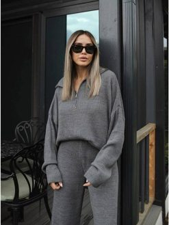 Grey Oversize Knitted 2 Pieces Dress