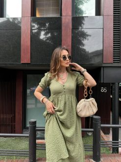 Khaki V Neck Button Dress