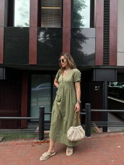 Khaki V Neck Button Dress