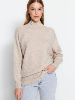 Mint Zipper Detailed Knitwear Sweater