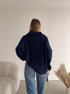 NAVY BLUE BRAIDED HALF ZIPPER SWEATER
