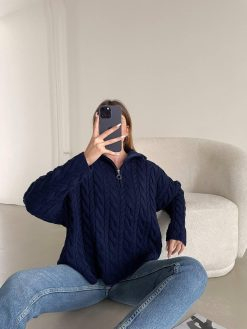 NAVY BLUE BRAIDED HALF ZIPPER SWEATER