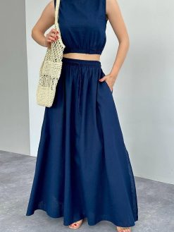 Navy Blue Linen Slit Crop Skirt Suit