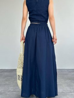 Navy Blue Linen Slit Crop Skirt Suit