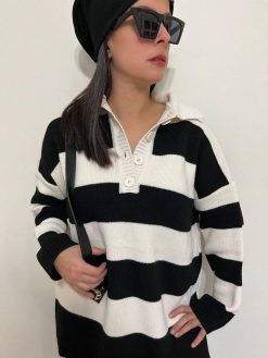 Navy Blue Striped Buttoned Oversize Sweater