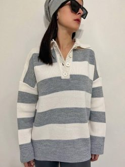 Navy Blue Striped Buttoned Oversize Sweater