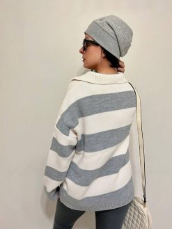 Navy Blue Striped Buttoned Oversize Sweater