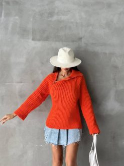 Orange Collar Side Zipper Half Fisherman Knitwear
