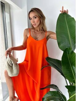 Orange Rope Strap Full Length Loose Dress