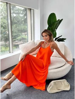 Orange Rope Strap Full Length Loose Dress