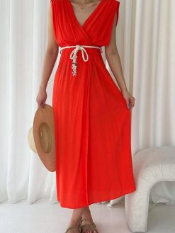 Orange V Neck Long Belted Dress