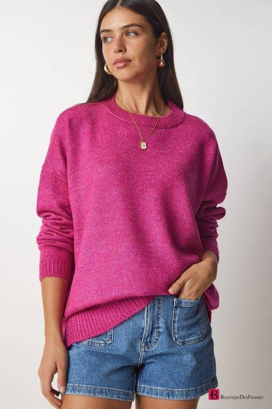 Pink Crew Neck Oversize Knitwear Sweater
