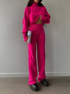 Pink Knitted Turtleneck High Waist Set