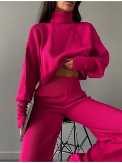 Pink Knitted Turtleneck High Waist Set