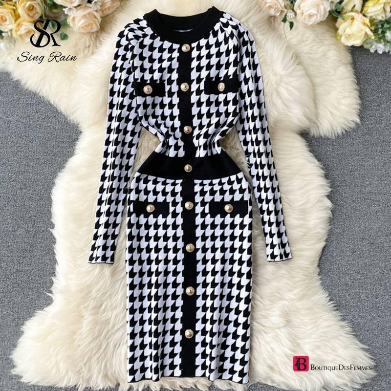 Retro Plaid Houndstooth Knitted Dress