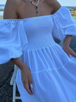 White Balloon Sleeve Gipe Dress