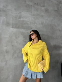 Yellow Collar Side Zipper Half Fisherman Knitwear