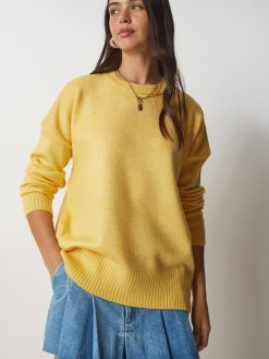 Yellow Crew Neck Oversize Knitwear Sweater