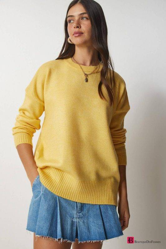 Yellow Crew Neck Oversize Knitwear Sweater
